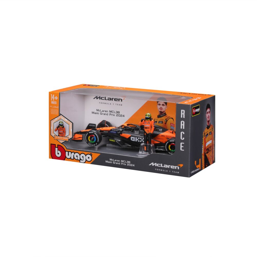 Alternative view of McLaren MCL38 Lando Norris #4 F1 2024 – 1:24 Scale Diecast Model with Driver