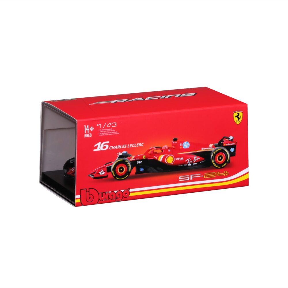 Alternative view of Ferrari SF-24 #16 Charles Leclerc – Winner Monza GP 2024 – 1:43 scale with driver and display case