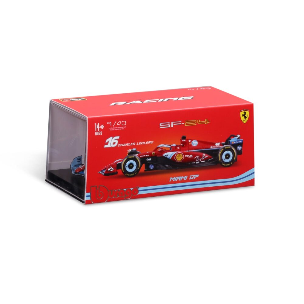Alternative view of Ferrari F1 SF-24 Charles Leclerc #16 Miami GP 2024 Livery 1:43 Scale with Driver and Display Case