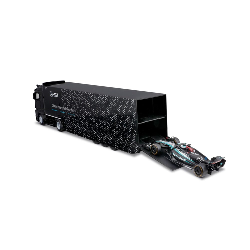 Alternative view of Mercedes-AMG Semi Truck with Mercedes W15 #63 George Russell – 1:43 Diecast Model